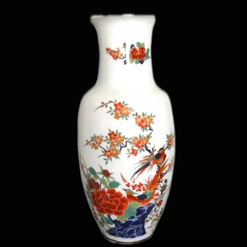 Vintage Handpainted Japanese Floral Phoenix Porcelain Vase
